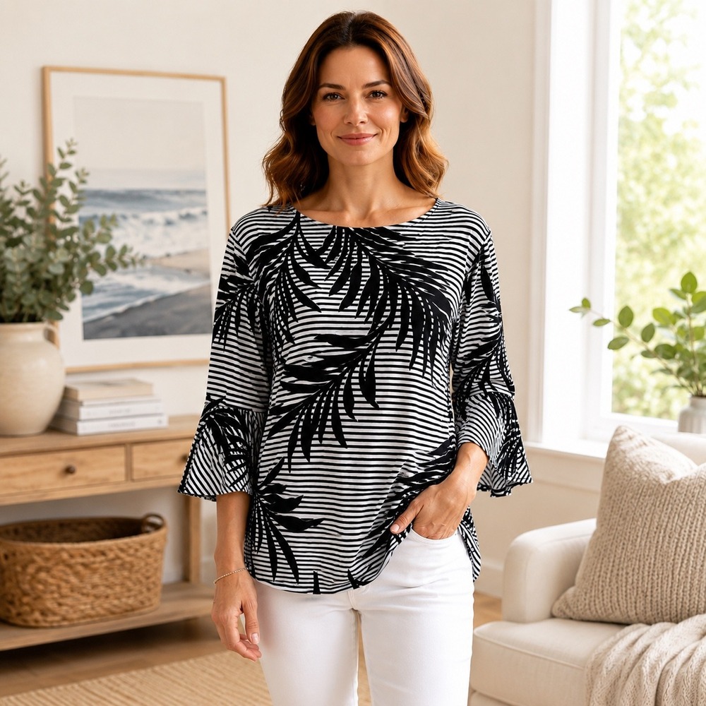 Kasper XL Black White Palm Leaf Stripe Top Bell Sleeve Stretch Coastal Boho Chic